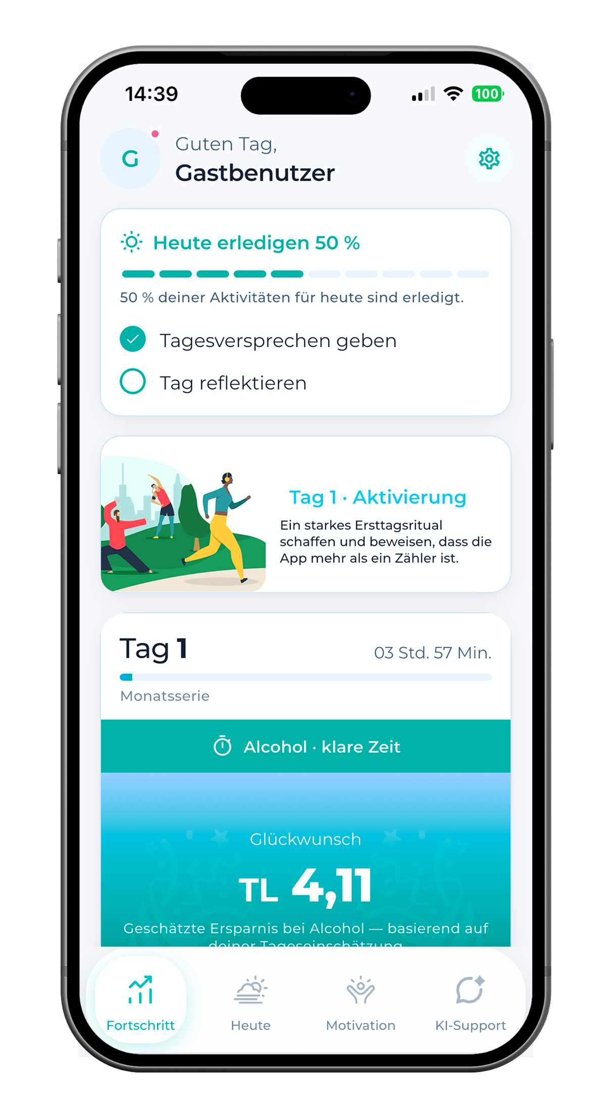 SoberX Fortschritt‑Dashboard mit Aufgaben für heute, Tag‑1‑Karte, klarer Zeit und Ersparnis.