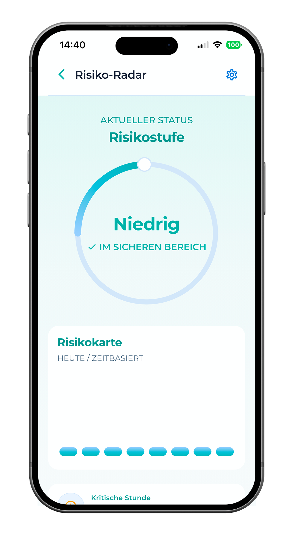 SoberX Risiko‑Radar mit aktuellem Risikoniveau und zeitbasierter Risikokarte.