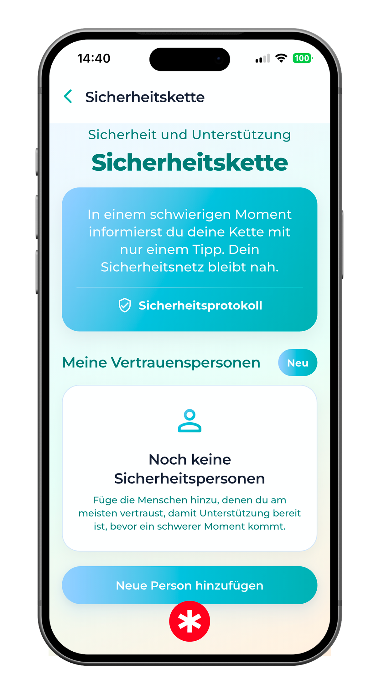 SoberX Sicherheitskette mit Vertrauenspersonen und Notfall‑Support.