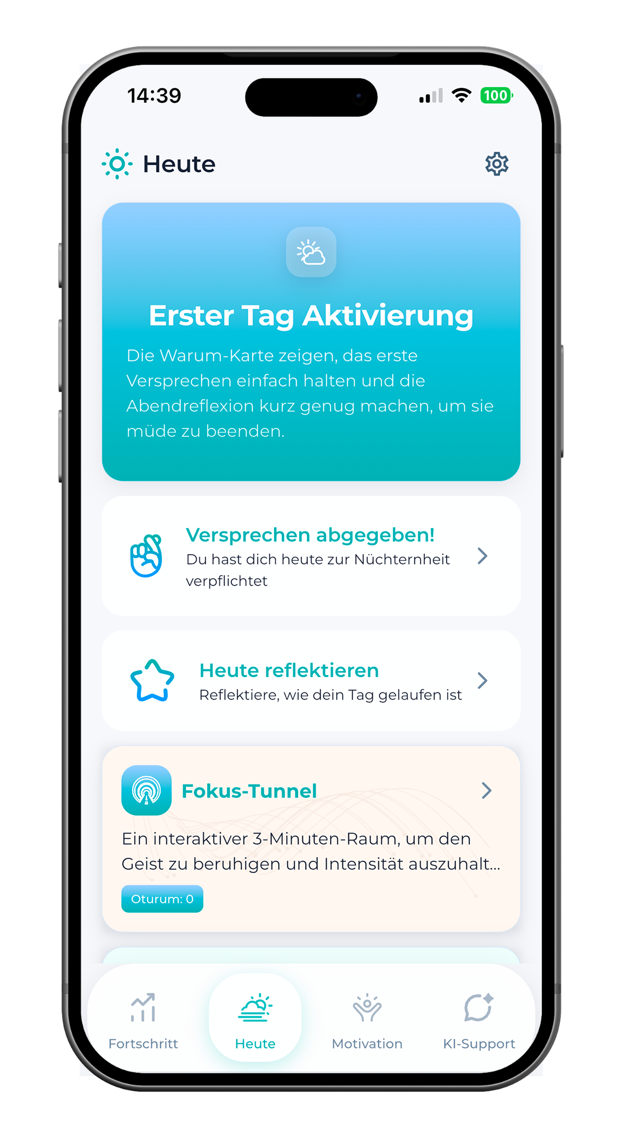 SoberX Heute‑Register mit Tag‑1‑Aktivierung, Versprechen, Reflexion und Fokus‑Tools.