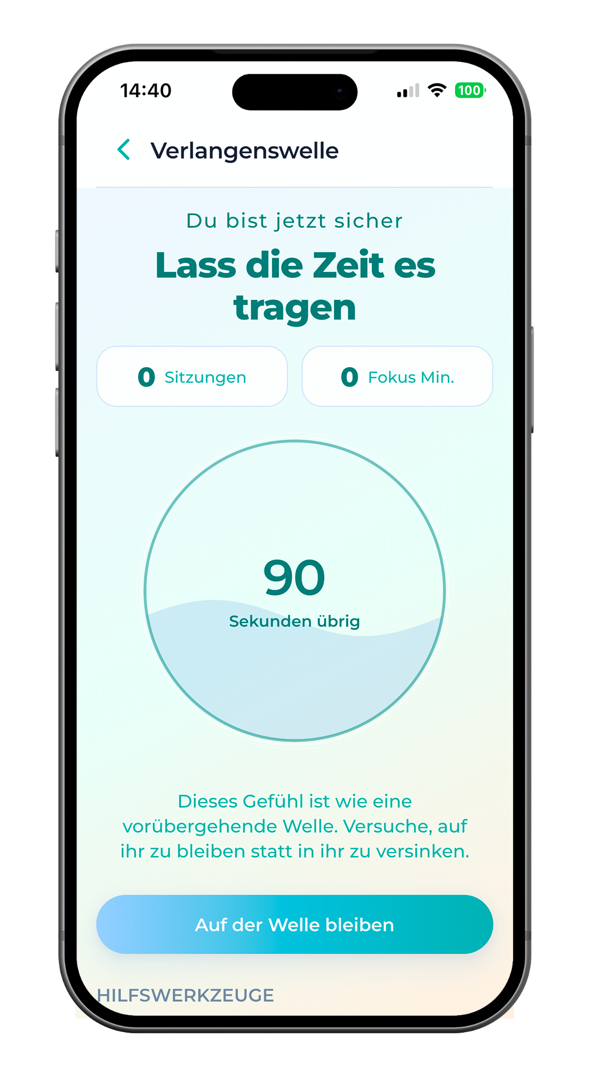SoberX Verlangenswelle mit 90‑Sekunden‑Timer und Aktion zum Dranbleiben.