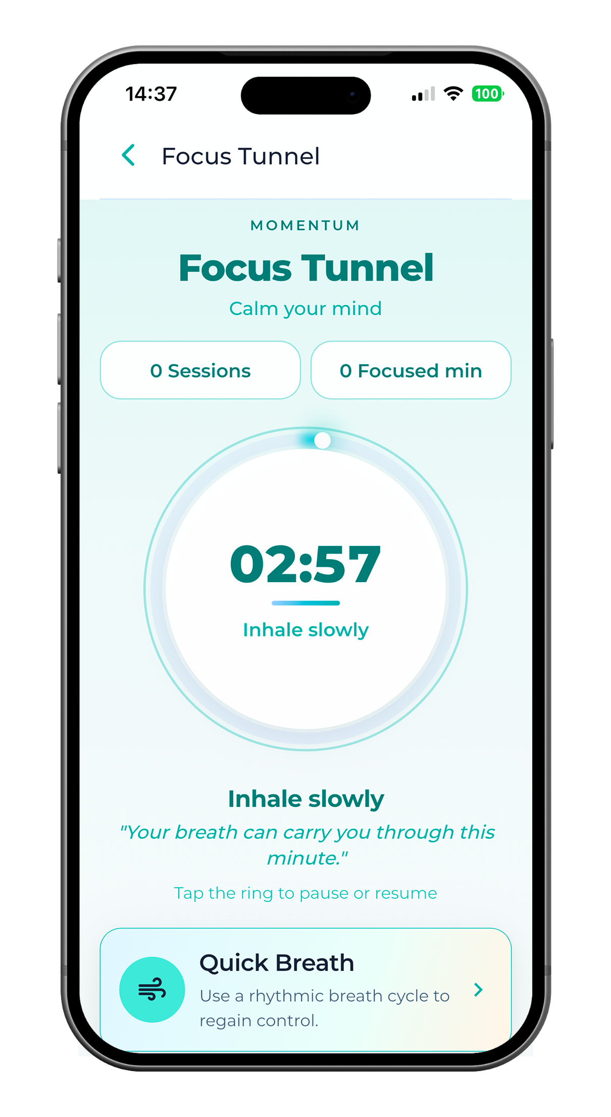 SoberX Quick Reset breathing timer with session stats.