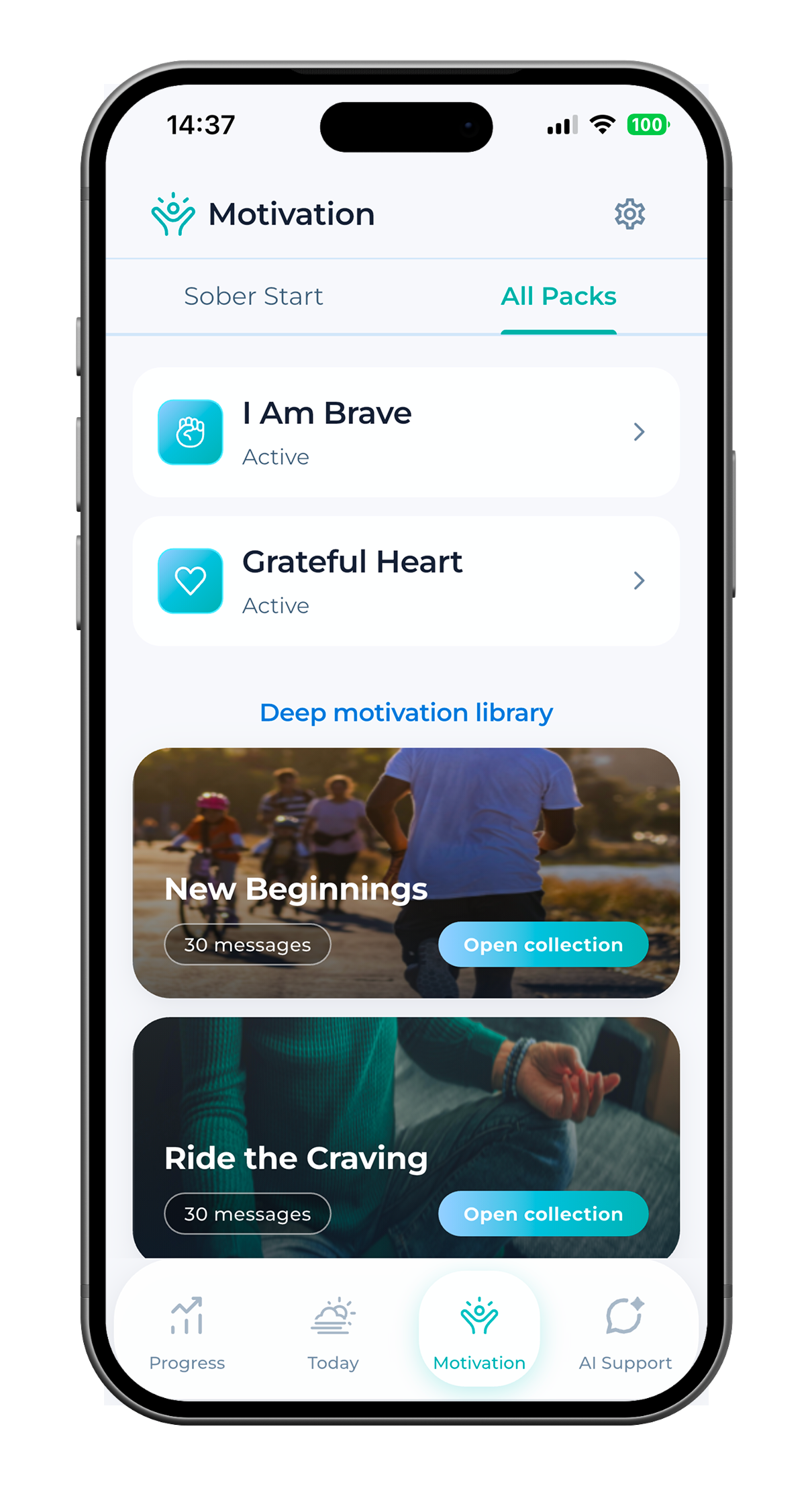 SoberX Motivation tab with active packs and the deep motivation library.