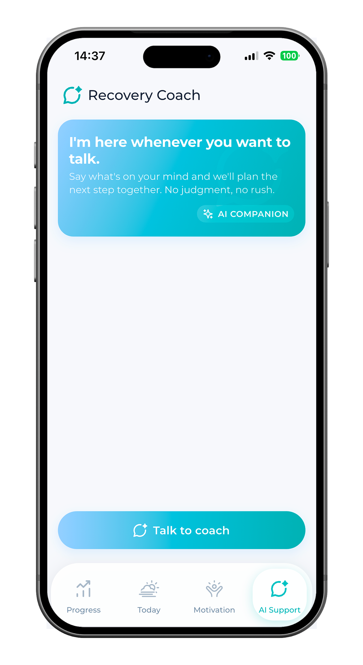 SoberX Recovery Coach on the AI Support tab with a prompt to talk to the coach.