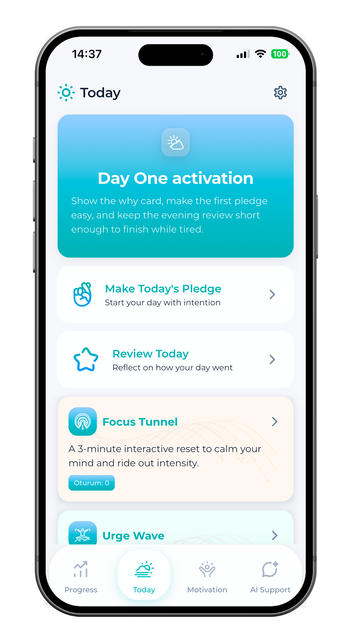 SoberX Today tab with first-day activation, daily commitment, evening review, and reset tools.