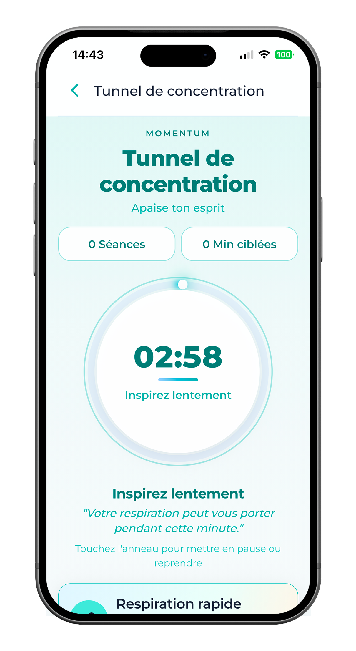 SoberX Tunnel de concentration avec timer de respiration et statistiques de séance.