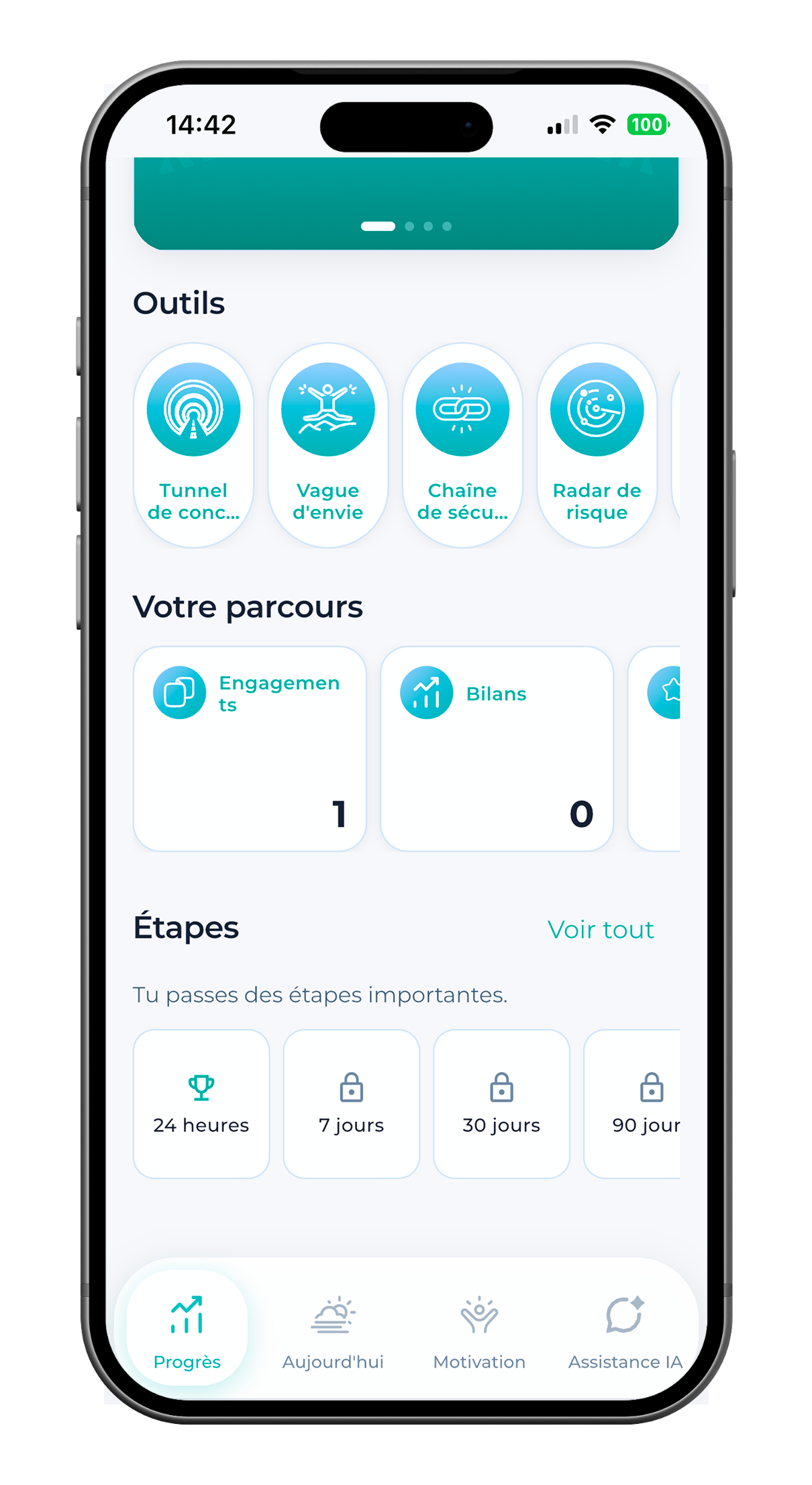 SoberX Progrès avec raccourcis d’outils, stats de parcours et jalons.