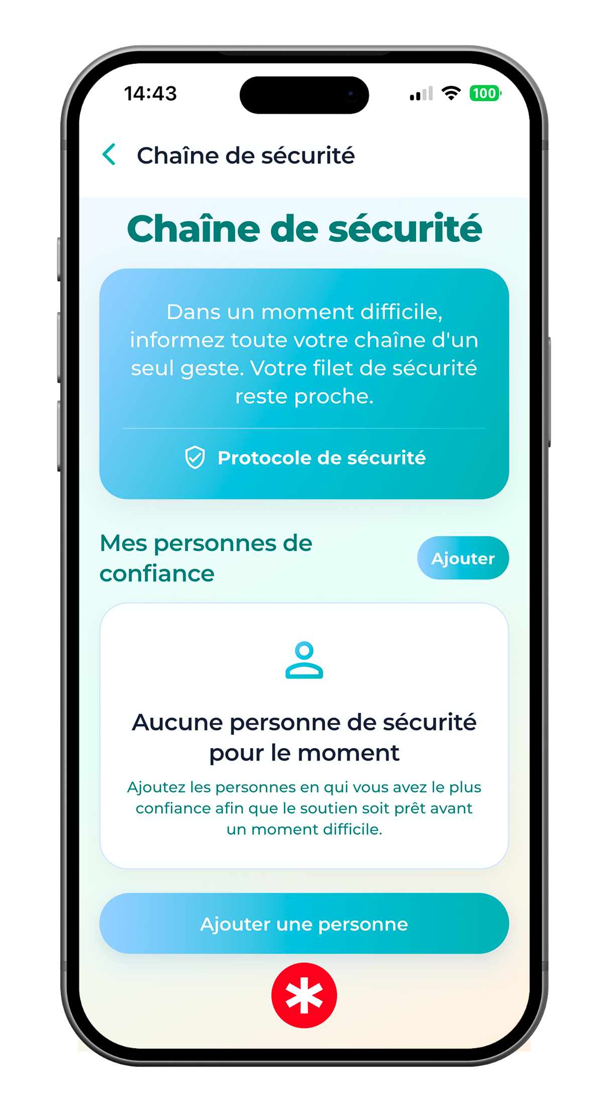SoberX Chaîne de sécurité pour contacts de confiance et soutien d’urgence.